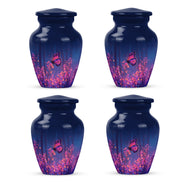 Indigo Butterfly Cremation Urn side profile showing urn shape - classic sculpted butterfly pattern on smooth aluminum - 10 inch aluminum urn for cremated remains