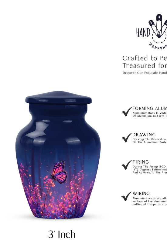 Calming Blue Butterfly Cremation Urn close-up of engraving and surface detail - elegant classic butterfly relief with fine detailing - mini keepsake memorial for portion of cremation ashes