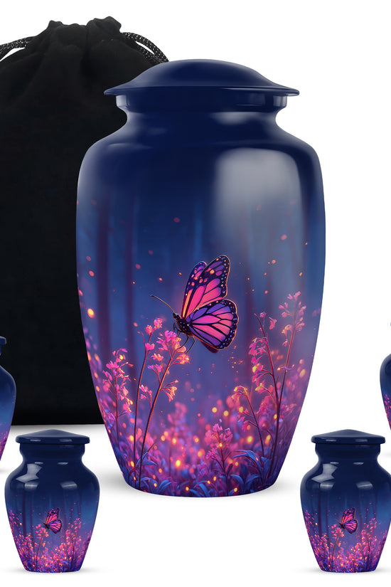 Indigo Butterfly Cremation Urn top-down view of secure threaded lid - classic sculpted butterfly pattern on smooth aluminum - memorial set with one large and four small urns