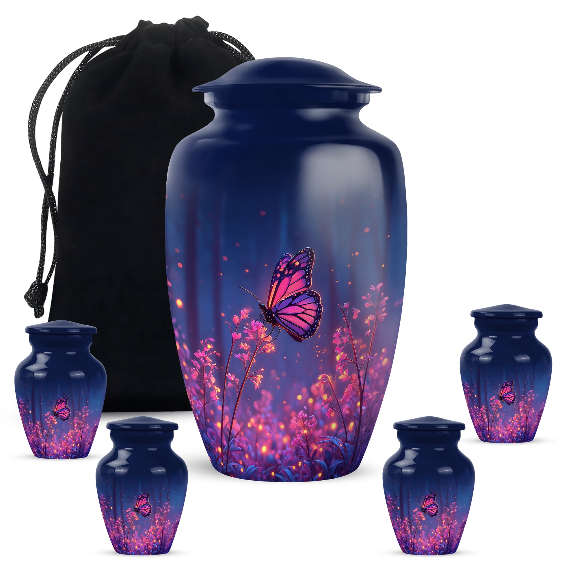 Indigo Butterfly Cremation Urn top-down view of secure threaded lid - classic sculpted butterfly pattern on smooth aluminum - memorial set with one large and four small urns