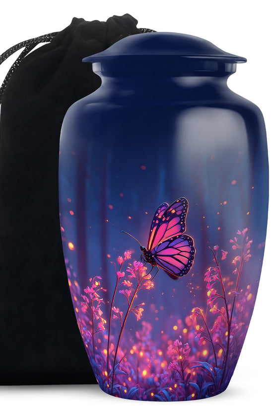 Calming Blue Butterfly Cremation Urn angled view of lid and engraved motif - elegant classic butterfly relief with fine detailing - full-size 10 inch 200 cubic inch adult cremation urn