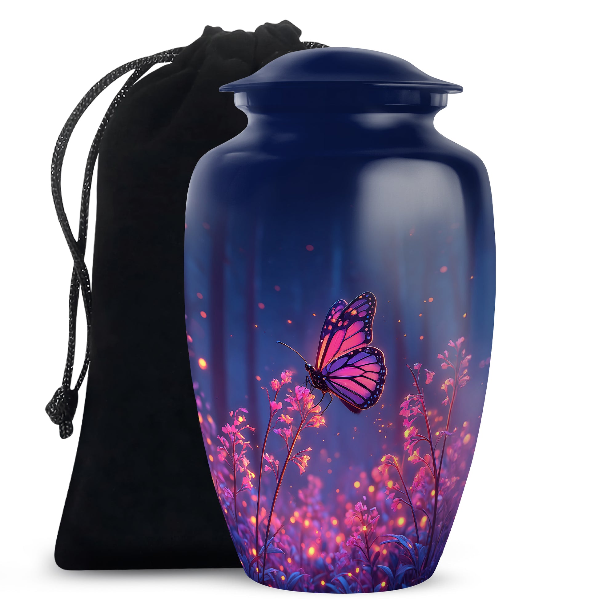 Calming Blue Butterfly Cremation Urn angled view of lid and engraved motif - elegant classic butterfly relief with fine detailing - full-size 10 inch 200 cubic inch adult cremation urn