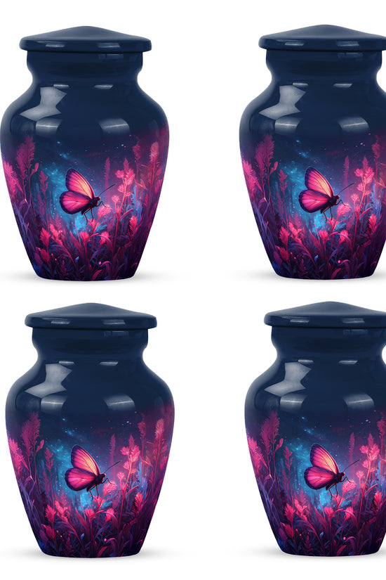 Sky Blue Butterfly Cremation Urn side profile showing urn shape - timeless butterfly motif etched into premium metal - 10 inch aluminum urn for cremated remains