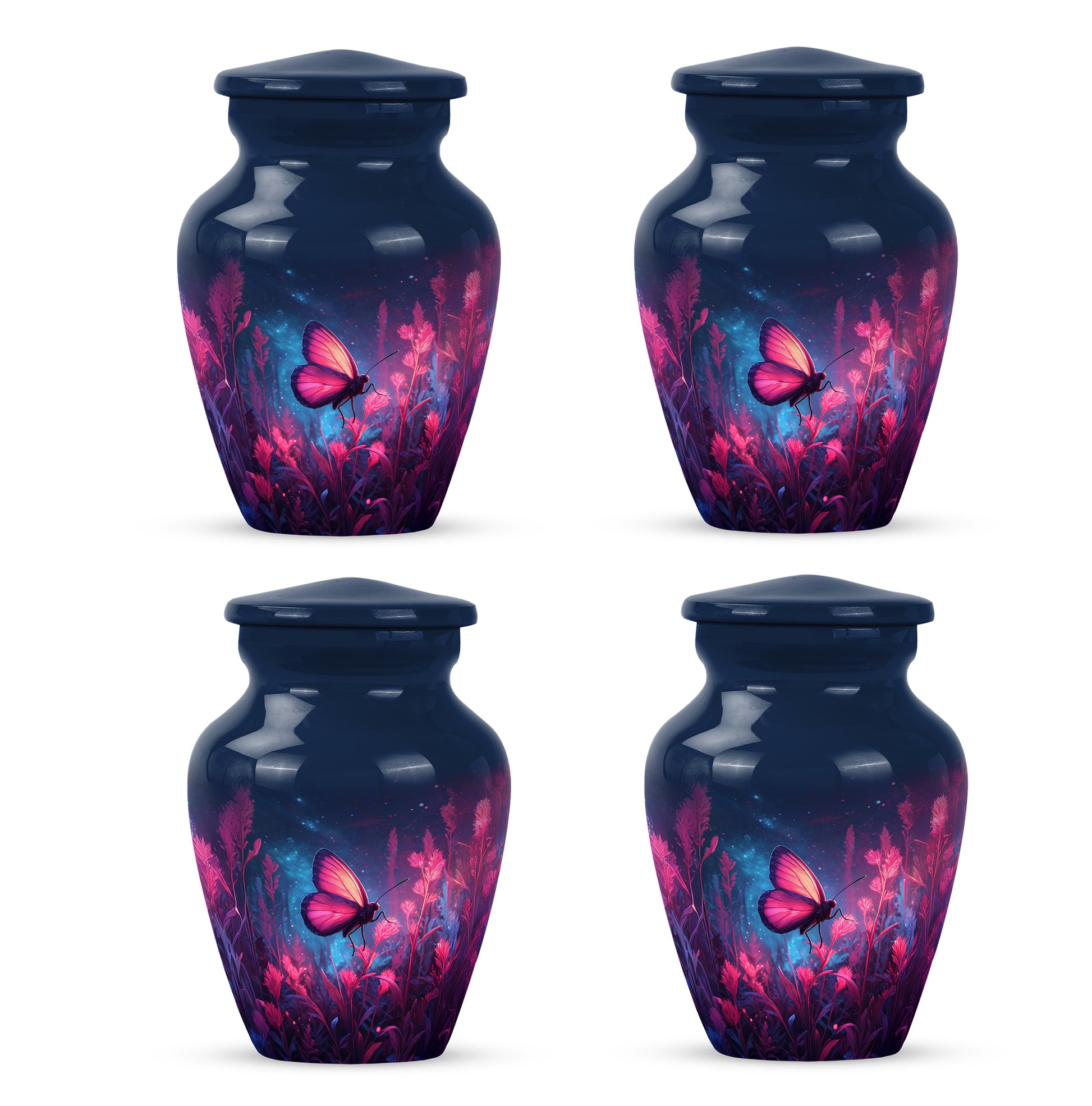 Sky Blue Butterfly Cremation Urn side profile showing urn shape - timeless butterfly motif etched into premium metal - 10 inch aluminum urn for cremated remains