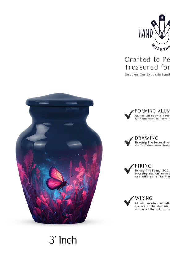 Sky Blue Butterfly Cremation Urn close-up of engraving and surface detail - classic sculpted butterfly pattern on smooth aluminum - mini keepsake memorial for portion of cremation ashes