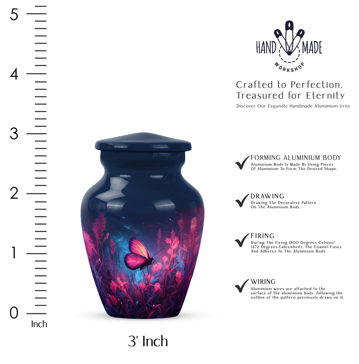 Sky Blue Butterfly Cremation Urn close-up of engraving and surface detail - classic sculpted butterfly pattern on smooth aluminum - mini keepsake memorial for portion of cremation ashes