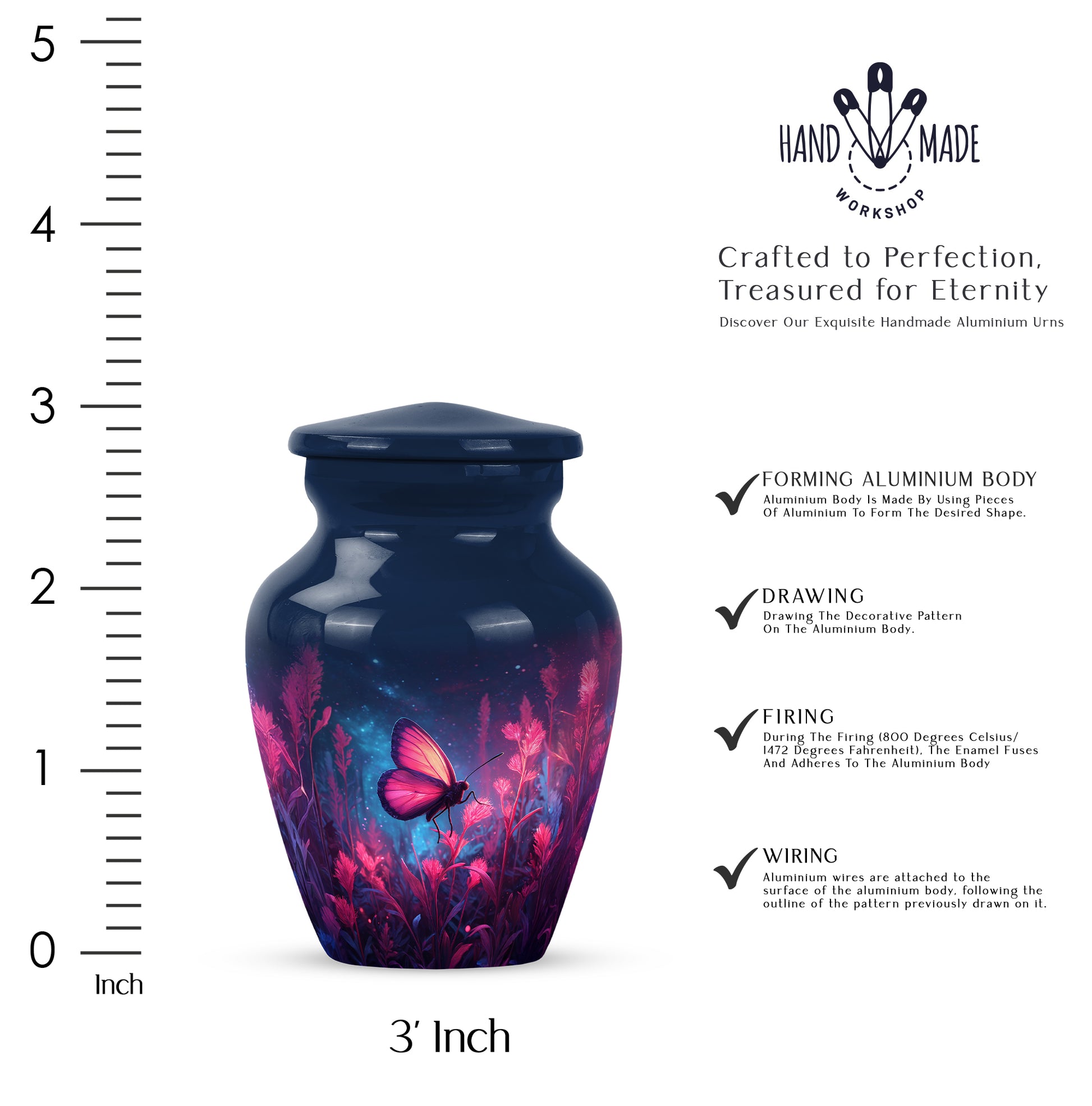 Sky Blue Butterfly Cremation Urn close-up of engraving and surface detail - classic sculpted butterfly pattern on smooth aluminum - mini keepsake memorial for portion of cremation ashes