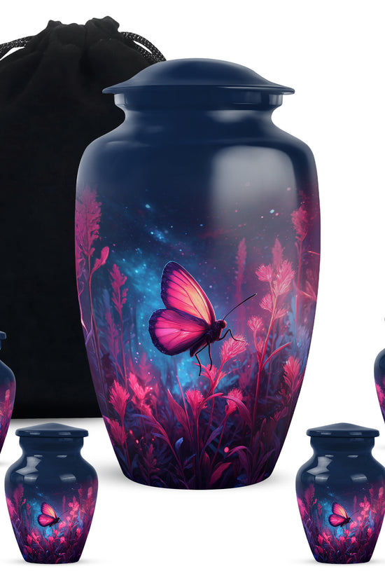 Sky Blue Butterfly Cremation Urn top-down view of secure threaded lid - classic sculpted butterfly pattern on smooth aluminum - memorial set with one large and four small urns