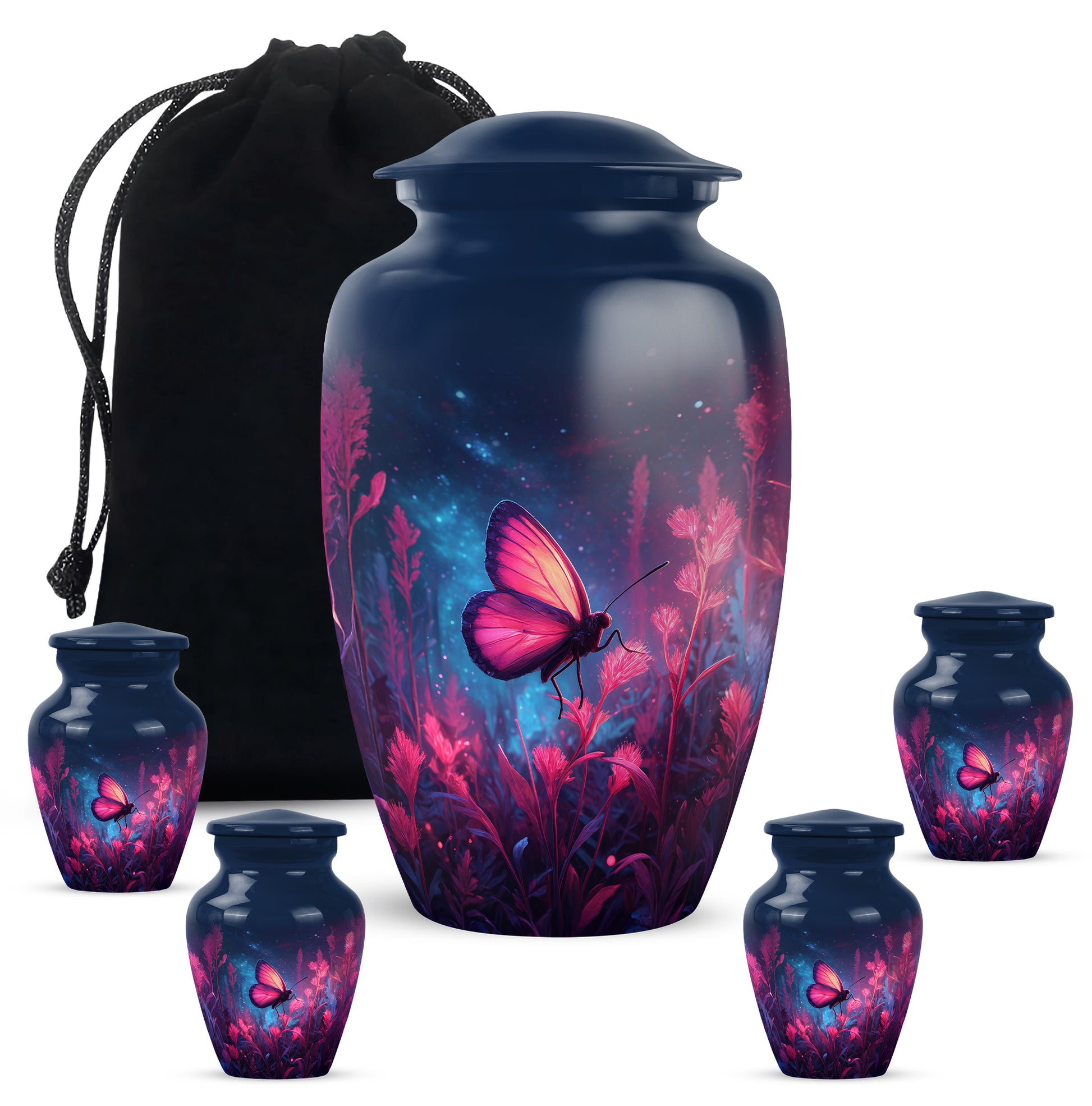 Sky Blue Butterfly Cremation Urn top-down view of secure threaded lid - classic sculpted butterfly pattern on smooth aluminum - memorial set with one large and four small urns