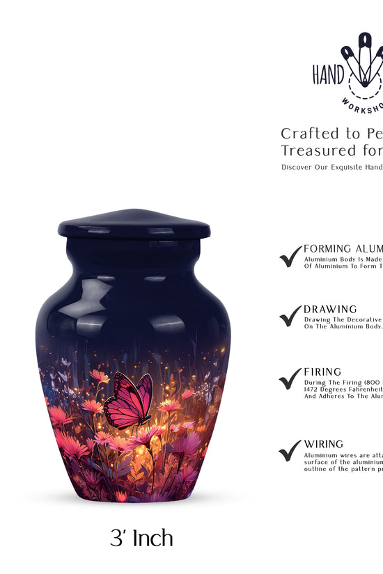 Steel Blue Butterfly Cremation Urn close-up of engraving and surface detail - traditional butterfly engraving with hand-polished finish - mini keepsake memorial for portion of cremation ashes
