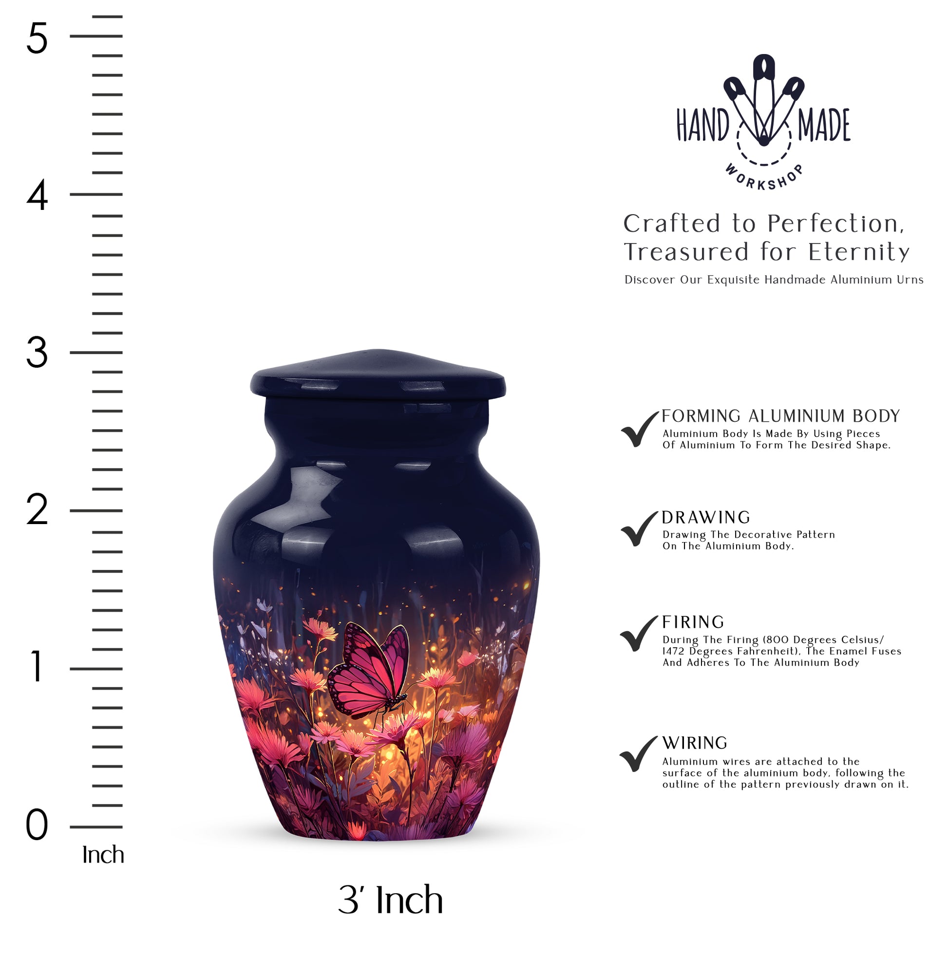 Steel Blue Butterfly Cremation Urn close-up of engraving and surface detail - traditional butterfly engraving with hand-polished finish - mini keepsake memorial for portion of cremation ashes
