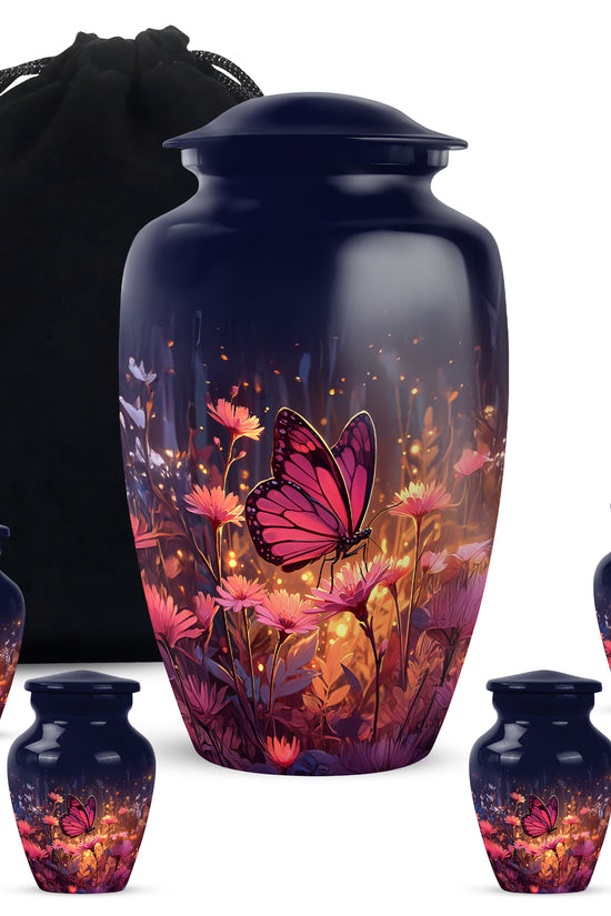 Serene Blue Butterfly Cremation Urn top-down view of secure threaded lid - elegant classic butterfly relief with fine detailing - memorial set with one large and four small urns