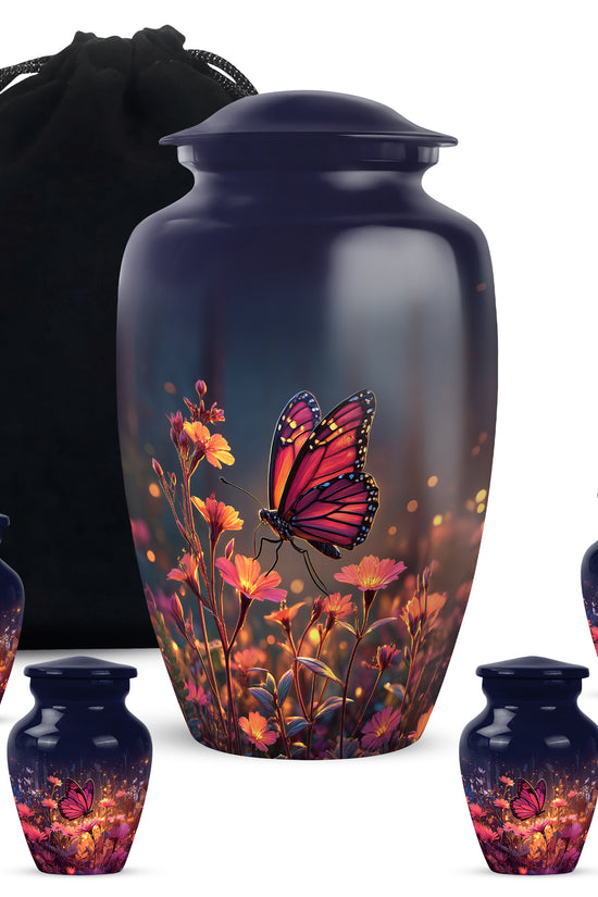 Serene Blue Butterfly Cremation Urn top-down view of secure threaded lid - traditional butterfly engraving with hand-polished finish - memorial set with one large and four small urns