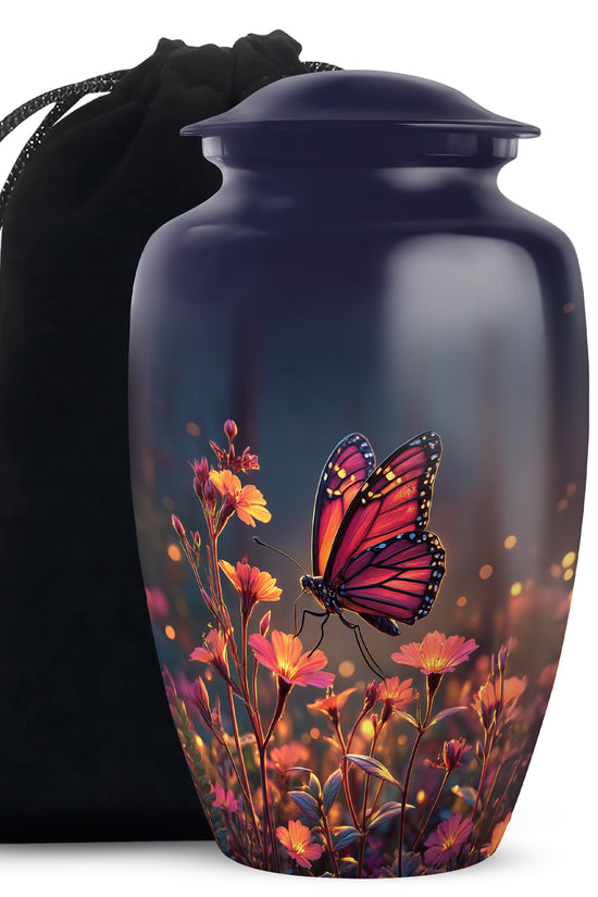 Powder Blue Butterfly Cremation Urn angled view of lid and engraved motif - timeless butterfly motif etched into premium metal - full-size 10 inch 200 cubic inch adult cremation urn