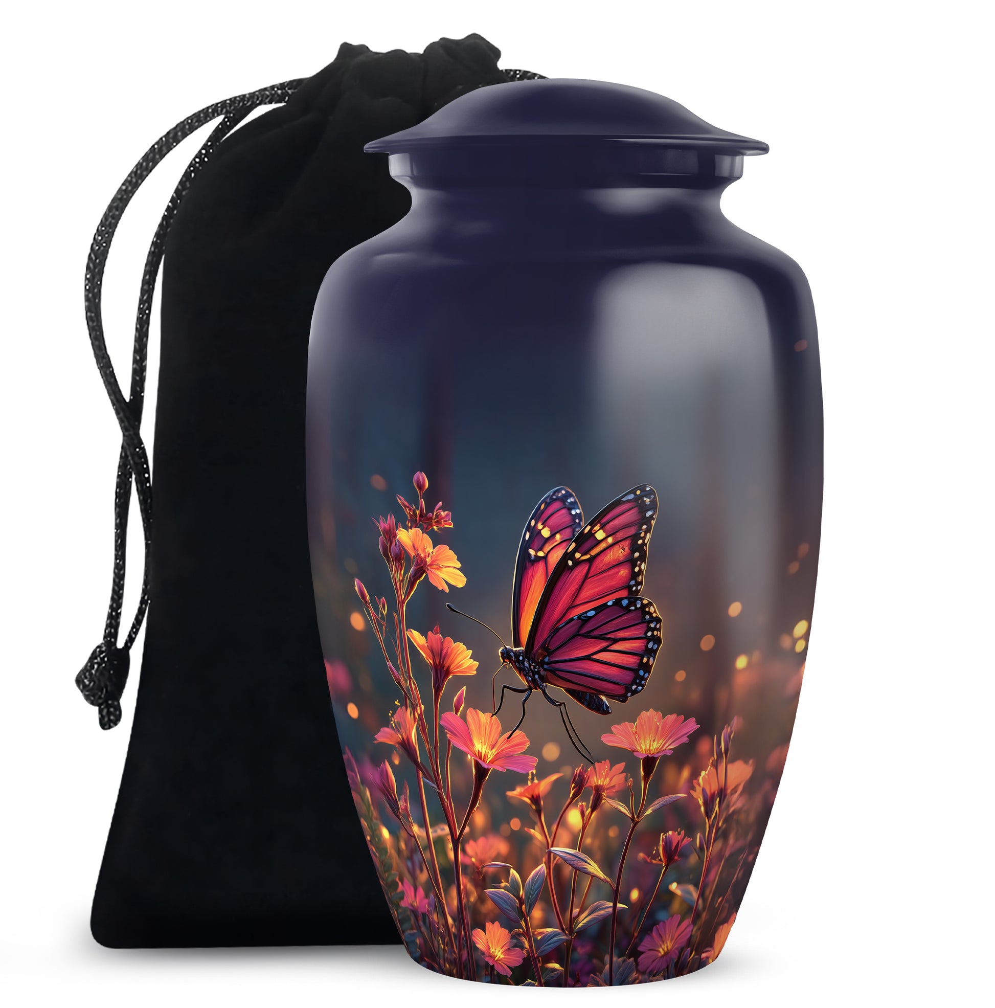 Powder Blue Butterfly Cremation Urn angled view of lid and engraved motif - timeless butterfly motif etched into premium metal - full-size 10 inch 200 cubic inch adult cremation urn