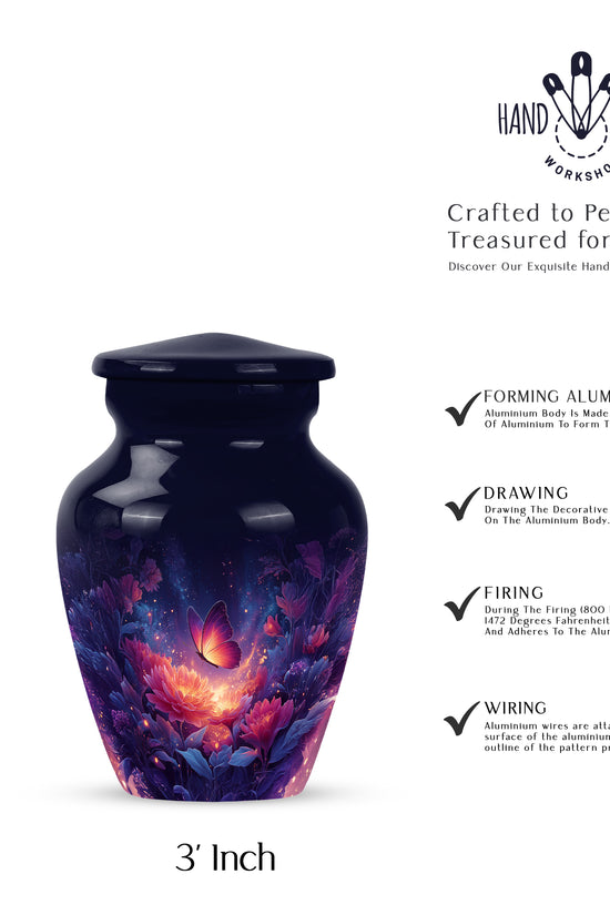 Soft Blue Butterfly Cremation Urn close-up of engraving and surface detail - traditional butterfly engraving with hand-polished finish - mini keepsake memorial for portion of cremation ashes