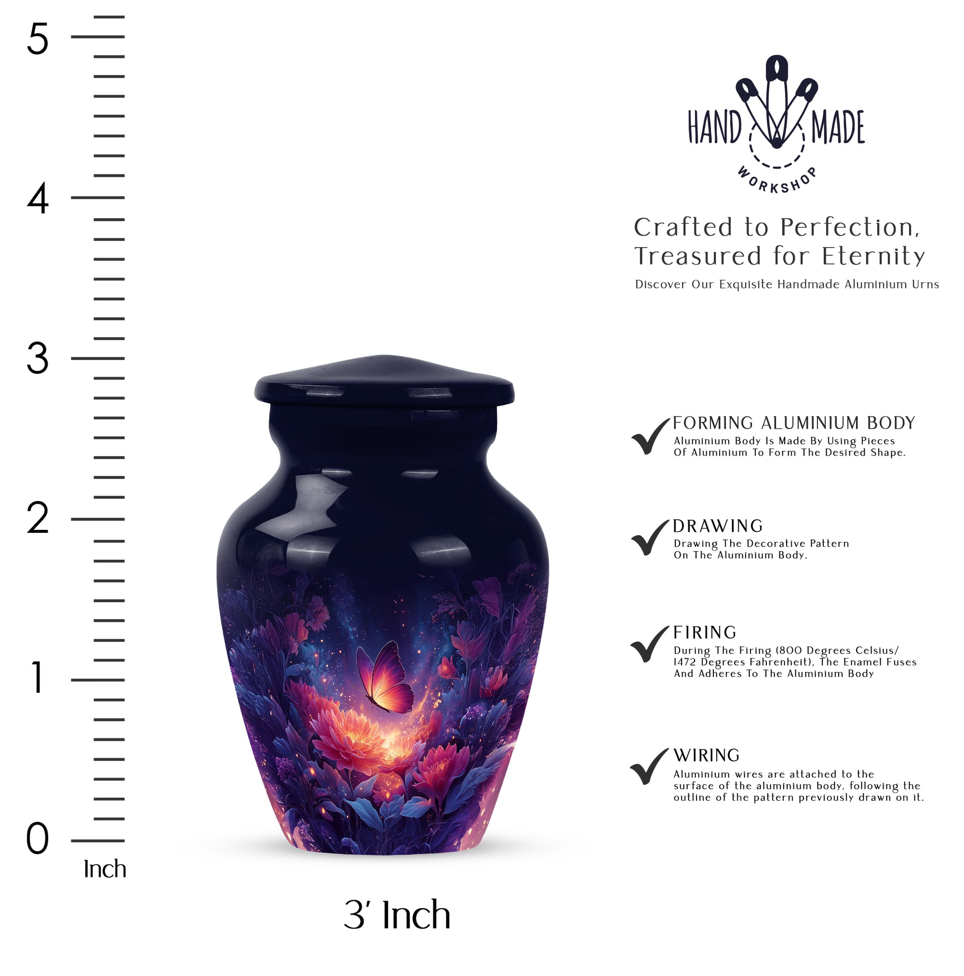 Soft Blue Butterfly Cremation Urn close-up of engraving and surface detail - traditional butterfly engraving with hand-polished finish - mini keepsake memorial for portion of cremation ashes