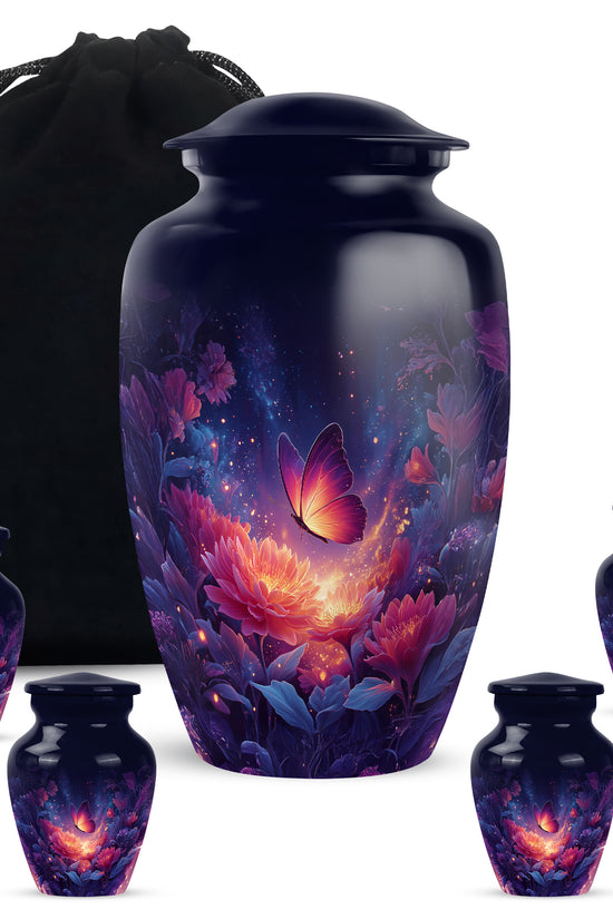 Sapphire Blue Butterfly Cremation Urn top-down view of secure threaded lid - traditional butterfly engraving with hand-polished finish - memorial set with one large and four small urns
