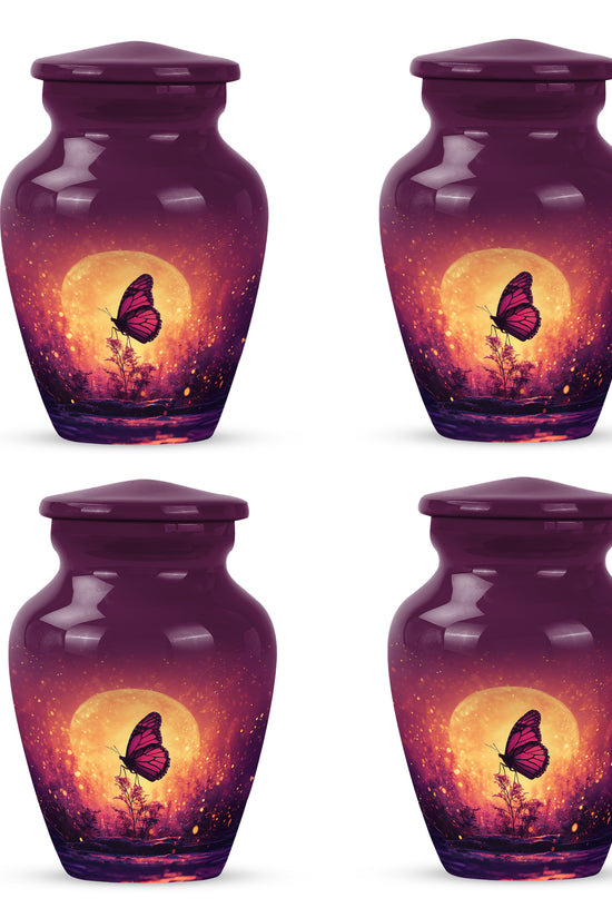 Blush Pink Butterfly Cremation Urn side profile showing urn shape - timeless butterfly motif etched into premium metal - 10 inch aluminum urn for cremated remains