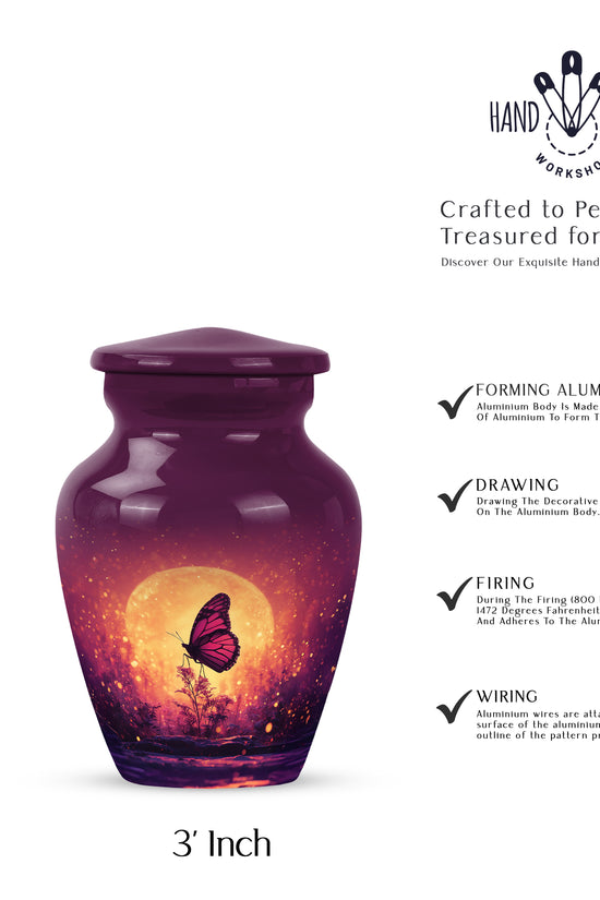 Dusty Pink Butterfly Cremation Urn close-up of engraving and surface detail - traditional butterfly engraving with hand-polished finish - mini keepsake memorial for portion of cremation ashes