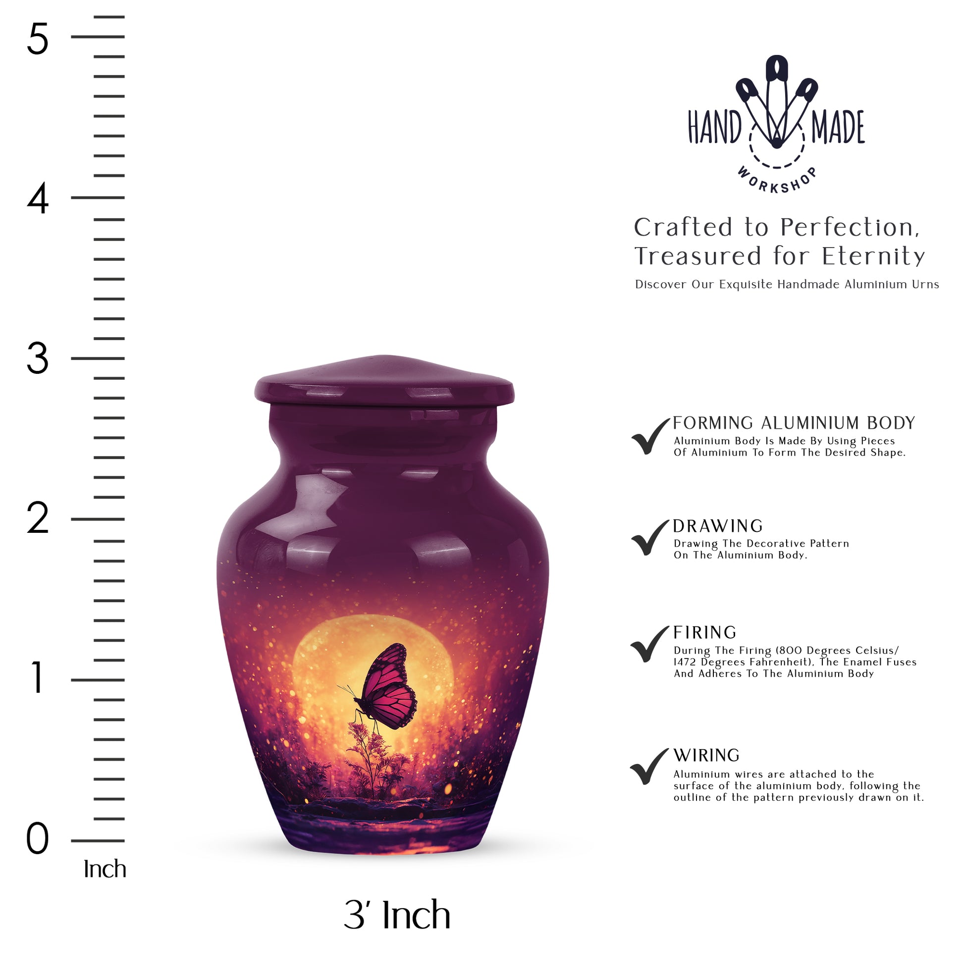 Dusty Pink Butterfly Cremation Urn close-up of engraving and surface detail - traditional butterfly engraving with hand-polished finish - mini keepsake memorial for portion of cremation ashes