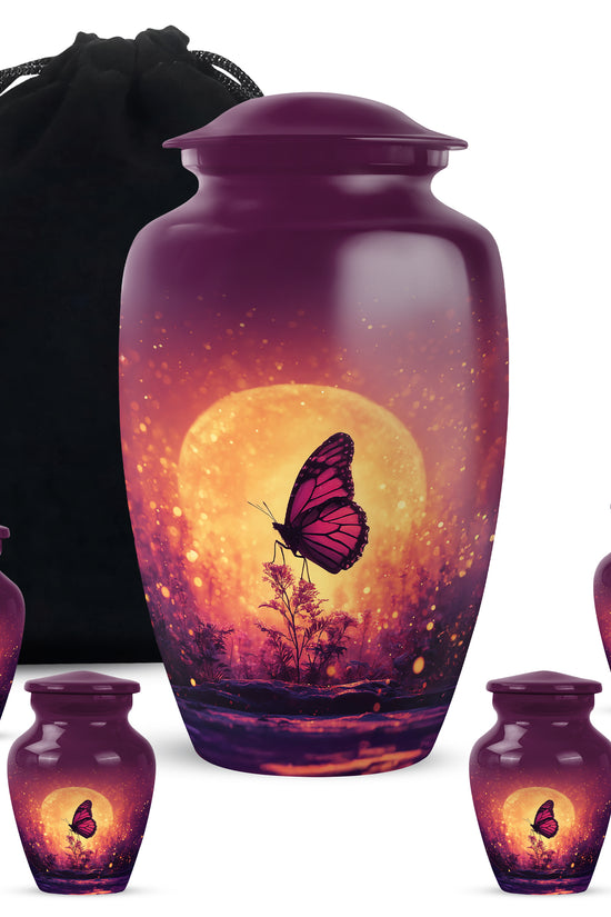 Vintage Pink Butterfly Cremation Urn top-down view of secure threaded lid - traditional butterfly engraving with hand-polished finish - memorial set with one large and four small urns