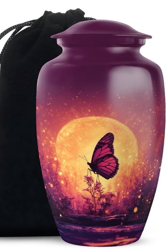 Dusty Pink Butterfly Cremation Urn angled view of lid and engraved motif - elegant classic butterfly relief with fine detailing - full-size 10 inch 200 cubic inch adult cremation urn