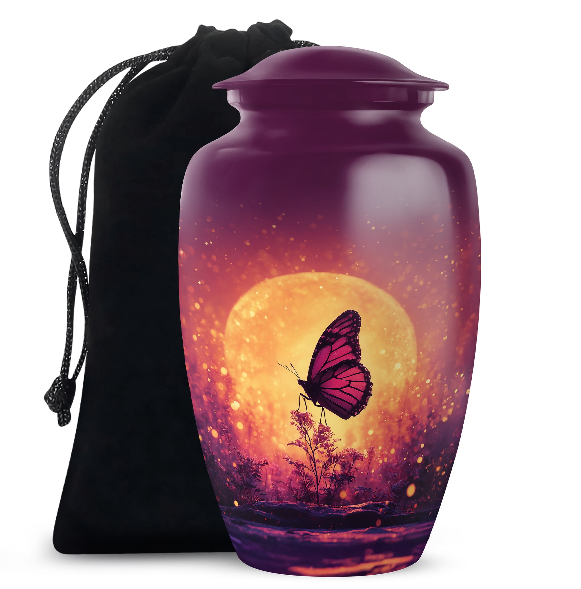 Dusty Pink Butterfly Cremation Urn angled view of lid and engraved motif - elegant classic butterfly relief with fine detailing - full-size 10 inch 200 cubic inch adult cremation urn