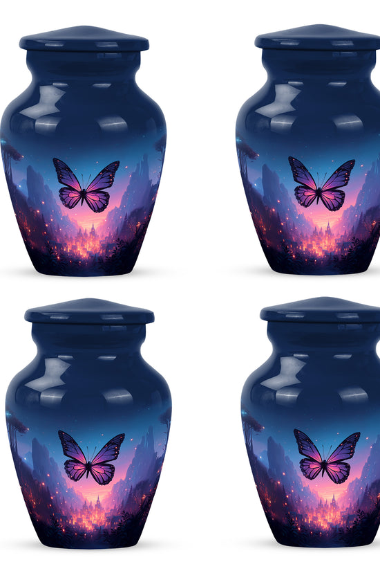 Icy Blue Butterfly Cremation Urn side profile showing urn shape - timeless butterfly motif etched into premium metal - 10 inch aluminum urn for cremated remains