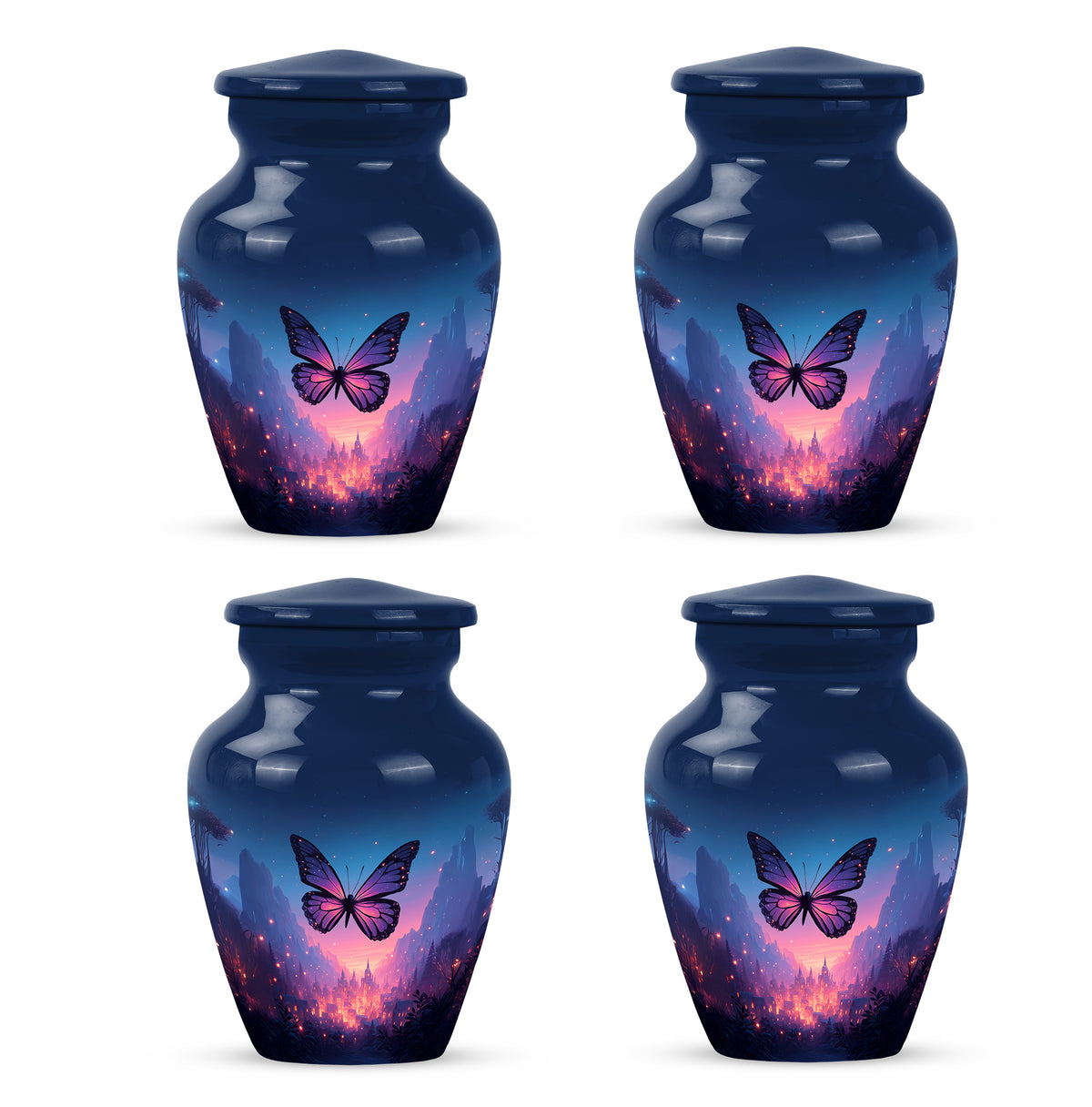 Icy Blue Butterfly Cremation Urn side profile showing urn shape - timeless butterfly motif etched into premium metal - 10 inch aluminum urn for cremated remains