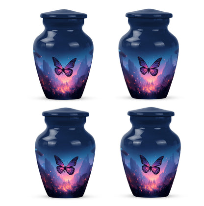 Icy Blue Butterfly Cremation Urn side profile showing urn shape - timeless butterfly motif etched into premium metal - 10 inch aluminum urn for cremated remains