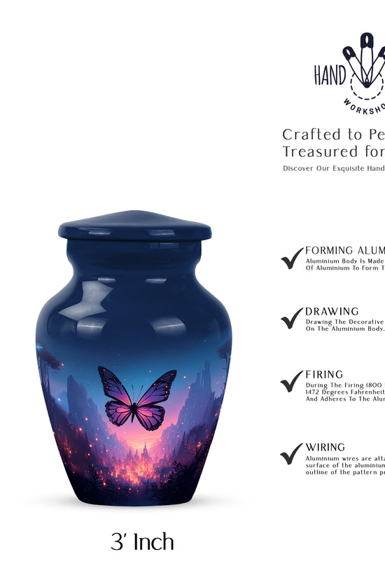 Indigo Butterfly Cremation Urn close-up of engraving and surface detail - classic sculpted butterfly pattern on smooth aluminum - mini keepsake memorial for portion of cremation ashes