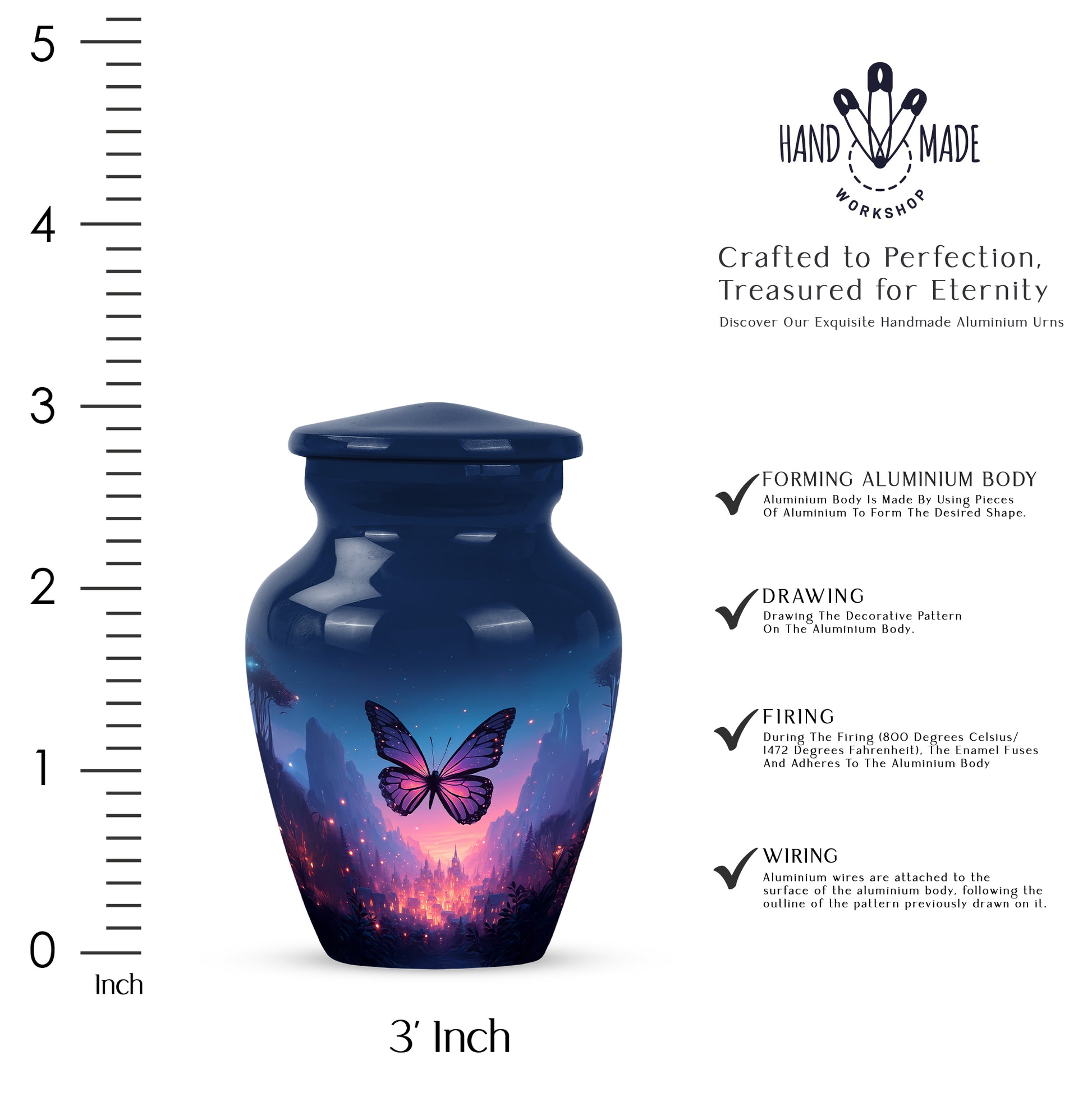 Indigo Butterfly Cremation Urn close-up of engraving and surface detail - classic sculpted butterfly pattern on smooth aluminum - mini keepsake memorial for portion of cremation ashes