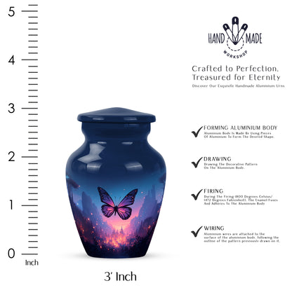 Indigo Butterfly Cremation Urn close-up of engraving and surface detail - classic sculpted butterfly pattern on smooth aluminum - mini keepsake memorial for portion of cremation ashes
