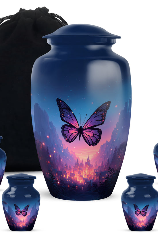 Indigo Butterfly Cremation Urn top-down view of secure threaded lid - classic sculpted butterfly pattern on smooth aluminum - memorial set with one large and four small urns