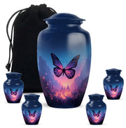 Indigo Butterfly Cremation Urn top-down view of secure threaded lid - classic sculpted butterfly pattern on smooth aluminum - memorial set with one large and four small urns
