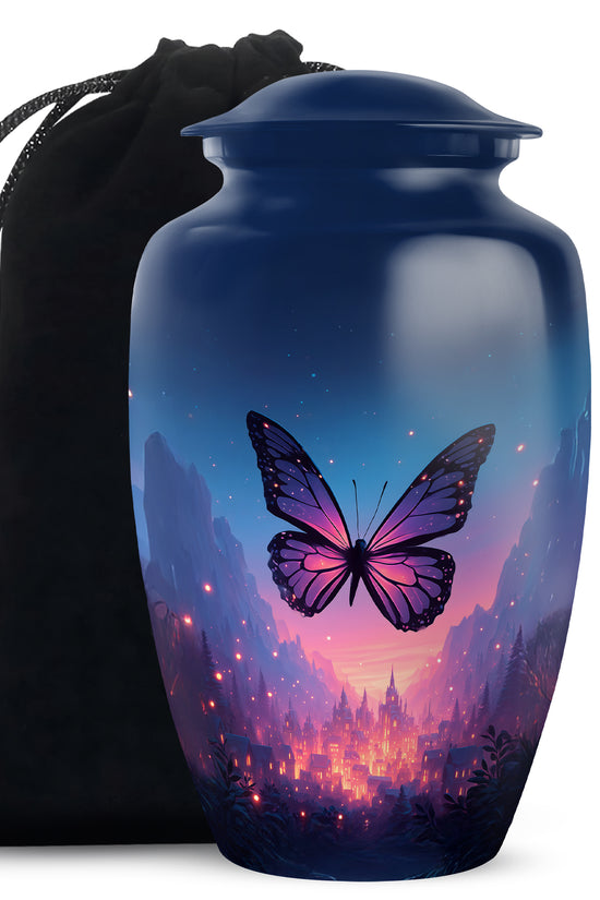 Vivid Blue Butterfly Cremation Urn angled view of lid and engraved motif - elegant classic butterfly relief with fine detailing - full-size 10 inch 200 cubic inch adult cremation urn