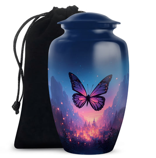 Vivid Blue Butterfly Cremation Urn angled view of lid and engraved motif - elegant classic butterfly relief with fine detailing - full-size 10 inch 200 cubic inch adult cremation urn