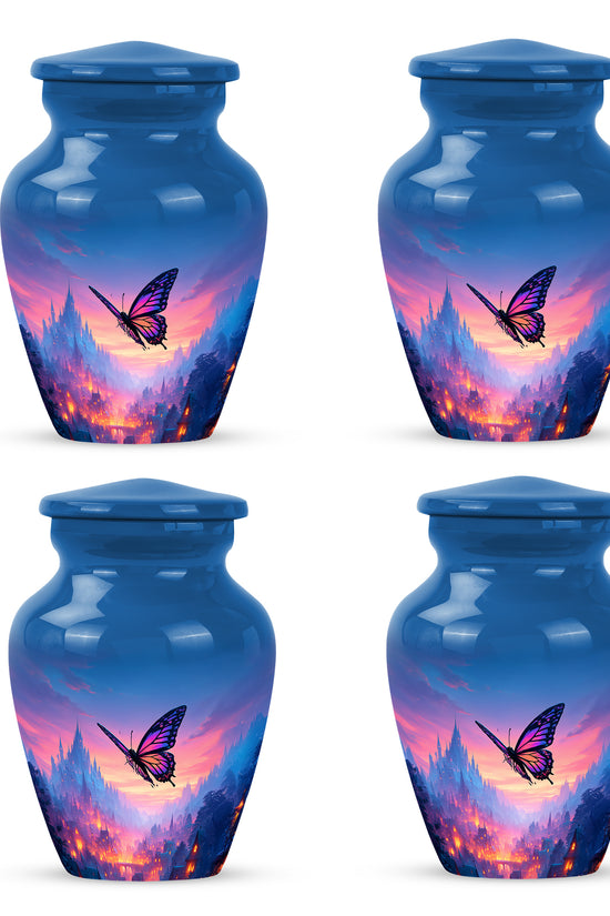 Serene Blue Butterfly Cremation Urn side profile showing urn shape - elegant classic butterfly relief with fine detailing - 10 inch aluminum urn for cremated remains