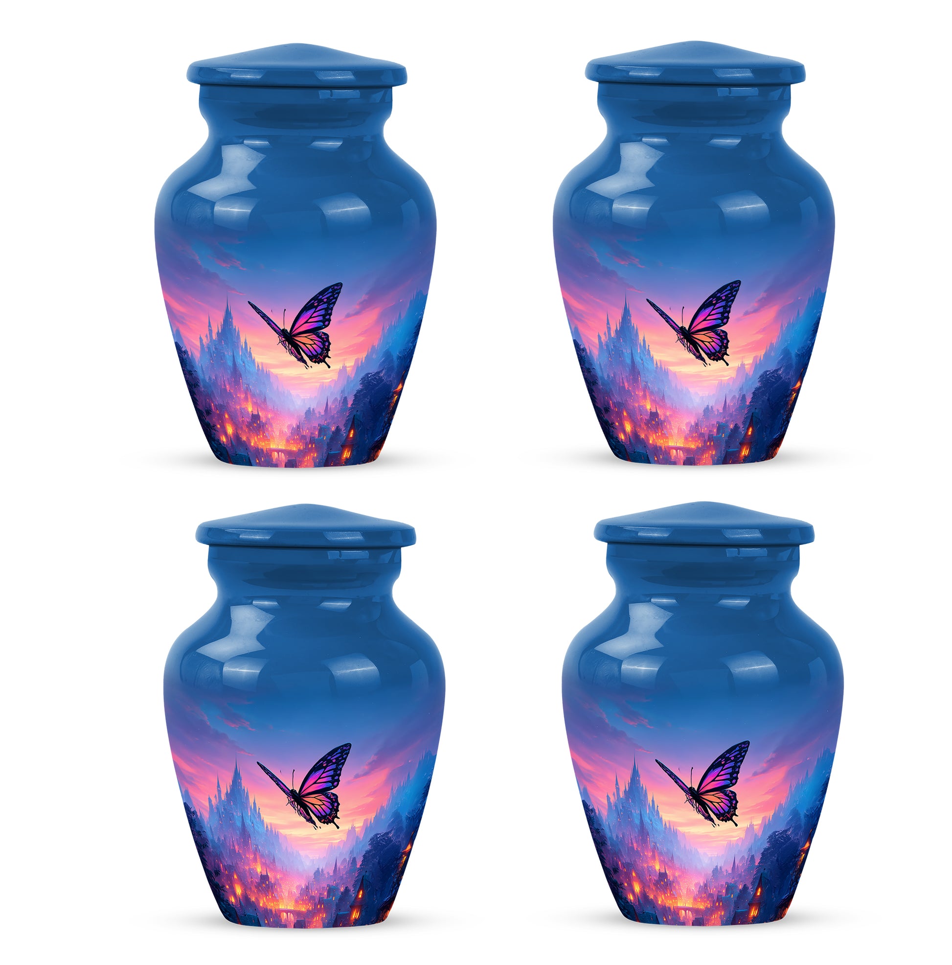 Serene Blue Butterfly Cremation Urn side profile showing urn shape - elegant classic butterfly relief with fine detailing - 10 inch aluminum urn for cremated remains
