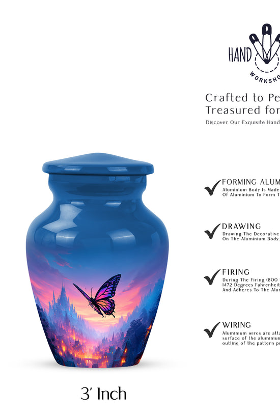 Cobalt Blue Butterfly Cremation Urn close-up of engraving and surface detail - traditional butterfly engraving with hand-polished finish - mini keepsake memorial for portion of cremation ashes