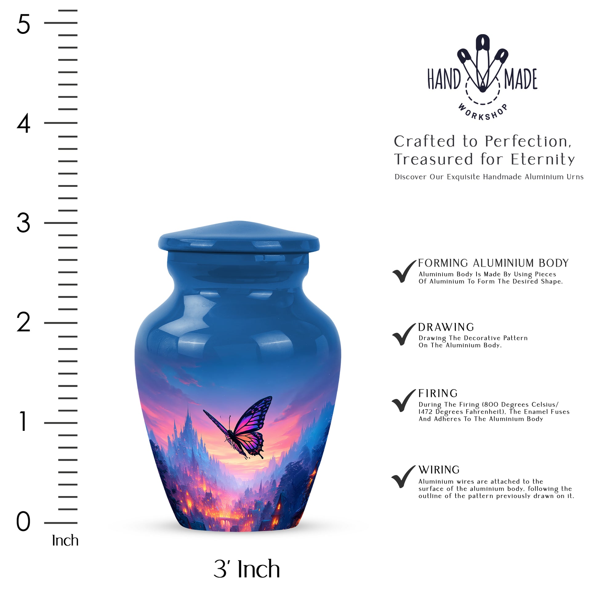 Cobalt Blue Butterfly Cremation Urn close-up of engraving and surface detail - traditional butterfly engraving with hand-polished finish - mini keepsake memorial for portion of cremation ashes