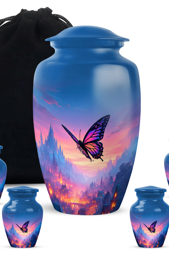 Celestial Blue Butterfly Cremation Urn top-down view of secure threaded lid - classic sculpted butterfly pattern on smooth aluminum - memorial set with one large and four small urns