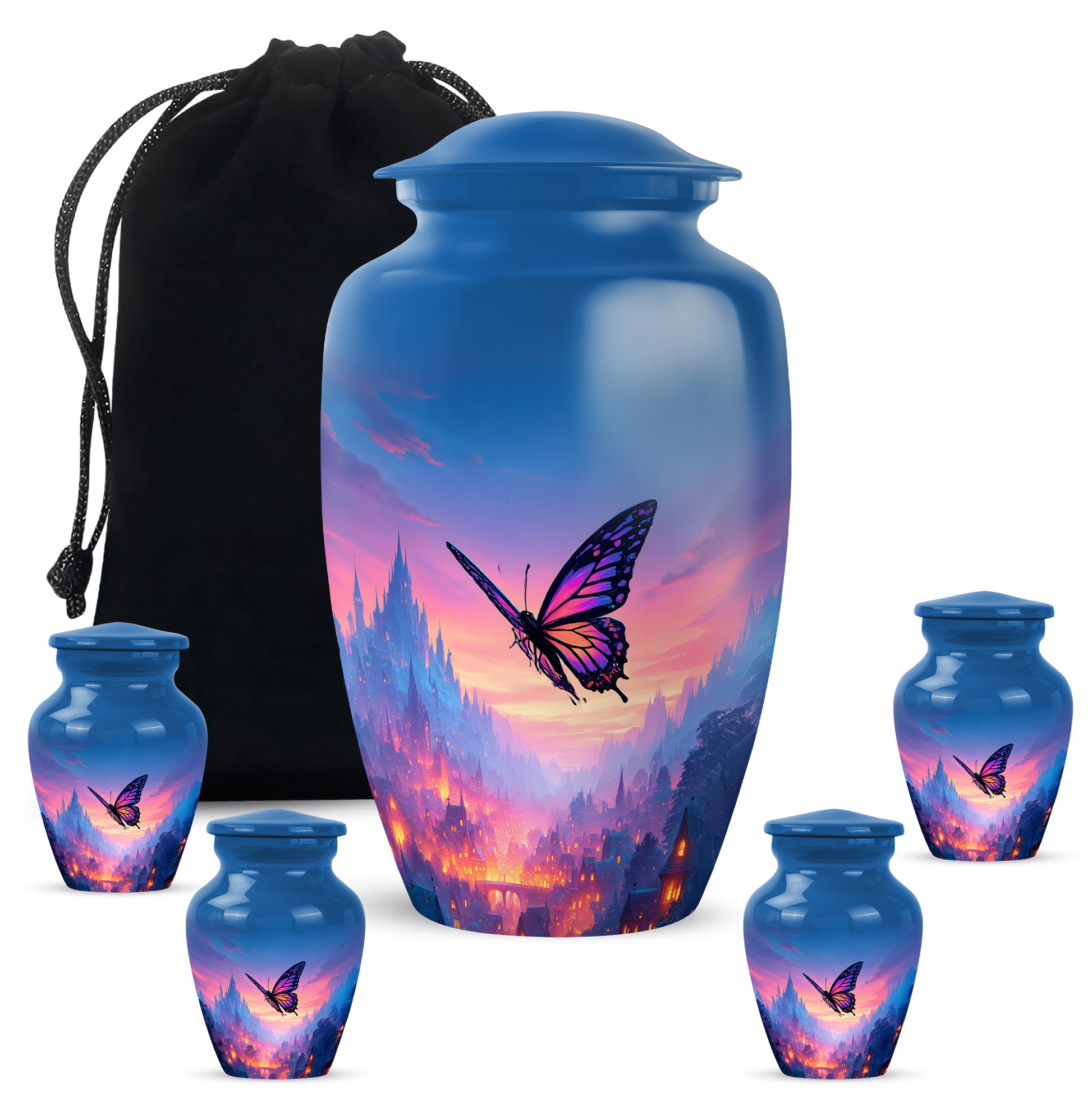 Celestial Blue Butterfly Cremation Urn top-down view of secure threaded lid - classic sculpted butterfly pattern on smooth aluminum - memorial set with one large and four small urns