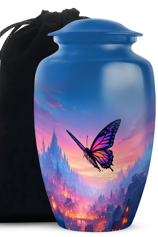 Sapphire Blue Butterfly Cremation Urn angled view of lid and engraved motif - elegant classic butterfly relief with fine detailing - full-size 10 inch 200 cubic inch adult cremation urn