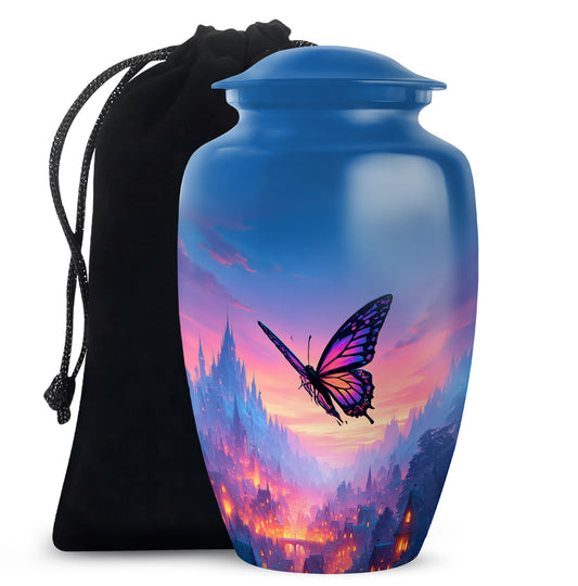 Sapphire Blue Butterfly Cremation Urn angled view of lid and engraved motif - elegant classic butterfly relief with fine detailing - full-size 10 inch 200 cubic inch adult cremation urn