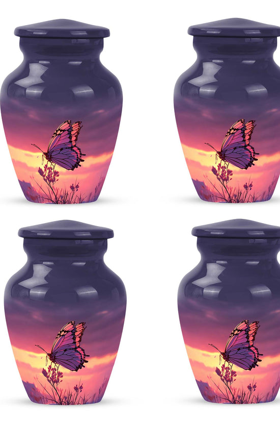 Bright Blue Butterfly Cremation Urn side profile showing urn shape - elegant classic butterfly relief with fine detailing - 10 inch aluminum urn for cremated remains