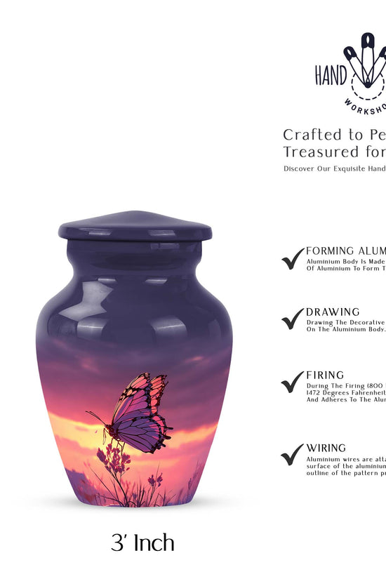 Vivid Blue Butterfly Cremation Urn close-up of engraving and surface detail - elegant classic butterfly relief with fine detailing - mini keepsake memorial for portion of cremation ashes
