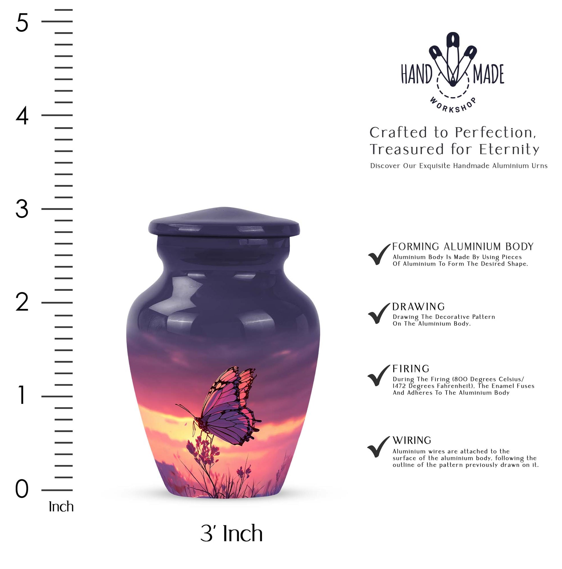 Vivid Blue Butterfly Cremation Urn close-up of engraving and surface detail - elegant classic butterfly relief with fine detailing - mini keepsake memorial for portion of cremation ashes