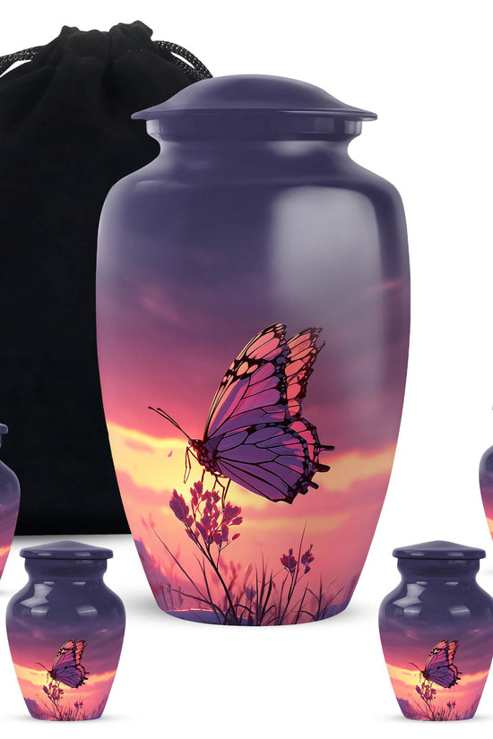 Navy Blue Butterfly Cremation Urn top-down view of secure threaded lid - classic sculpted butterfly pattern on smooth aluminum - memorial set with one large and four small urns